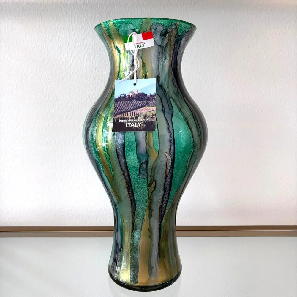 Italian Murano Art Glass Vase 14.5in Green Blue Gold Glitter Swirl Hand Blown